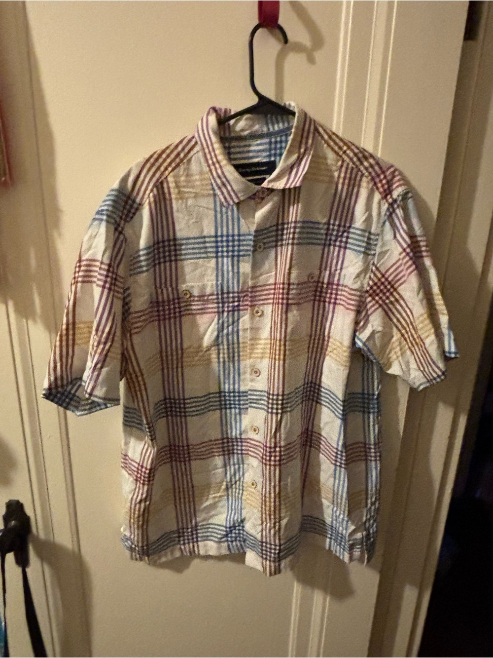 Men's White Multi-Color Plaid Short Sleeve Button-Up Shirt